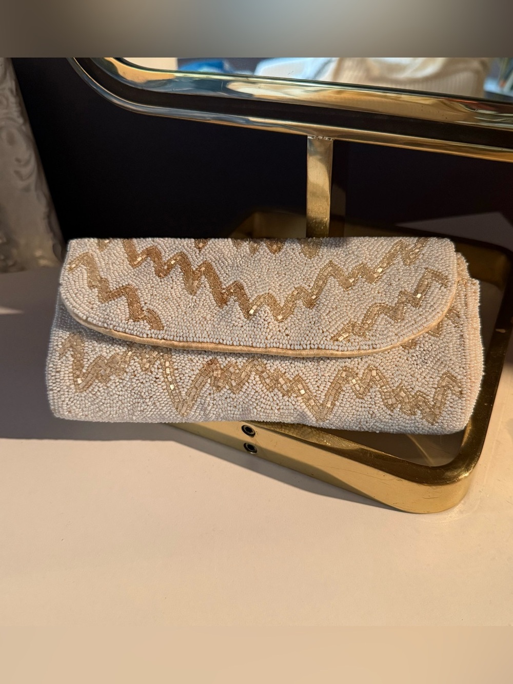 Vintage Beaded White and Gold Zigzag Clutch